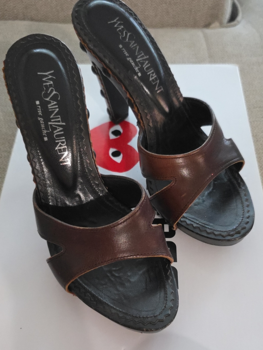 Yves Saint Laurent Brown Leather Open-Toe Slide Heels